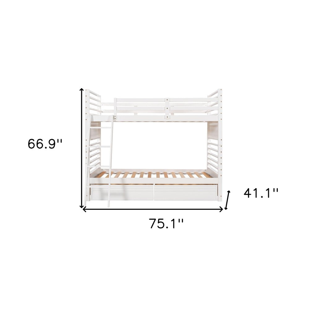 White Twin Over Twin Solid Wood Bunk Bed With Drawers And Storage
