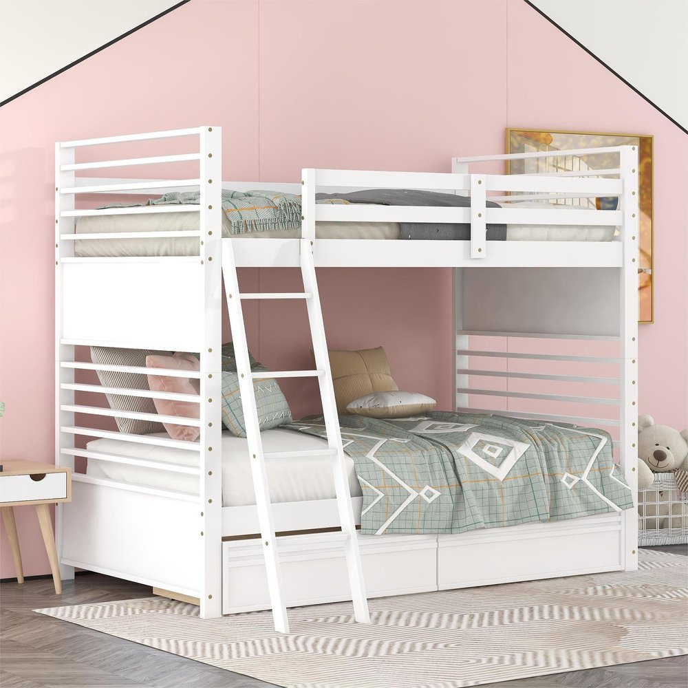 White Twin Over Twin Solid Wood Bunk Bed With Drawers And Storage