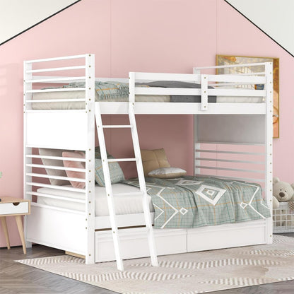 White Twin Over Twin Solid Wood Bunk Bed With Drawers And Storage