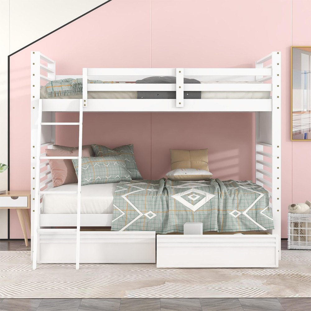 White Twin Over Twin Solid Wood Bunk Bed With Drawers And Storage