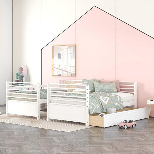 White Twin Over Twin Solid Wood Bunk Bed With Drawers And Storage