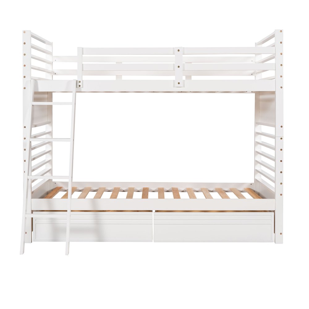 White Twin Over Twin Solid Wood Bunk Bed With Drawers And Storage