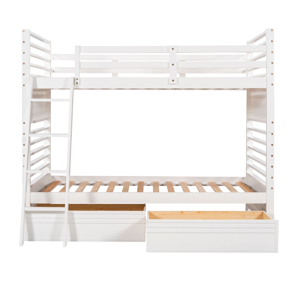 White Twin Over Twin Solid Wood Bunk Bed With Drawers And Storage