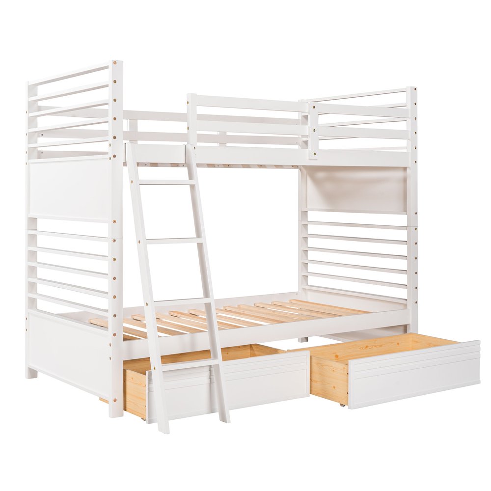 White Twin Over Twin Solid Wood Bunk Bed With Drawers And Storage