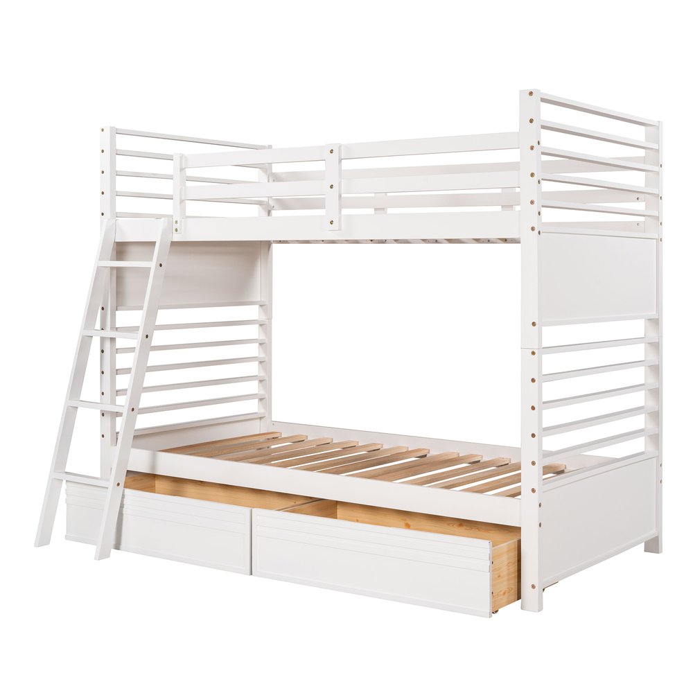 White Twin Over Twin Solid Wood Bunk Bed With Drawers And Storage