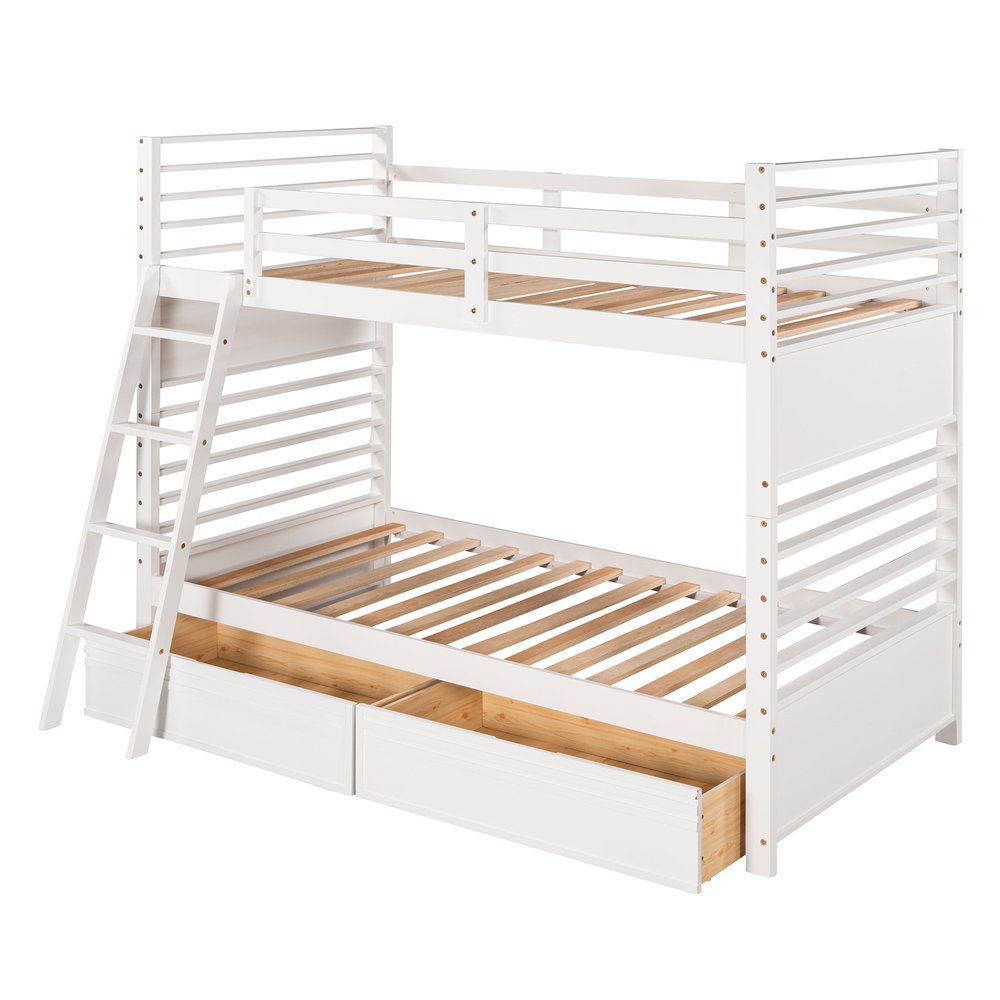 White Twin Over Twin Solid Wood Bunk Bed With Drawers And Storage