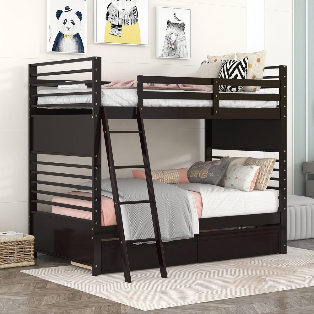 Espresso Twin Over Twin Solid Wood Bunk Bed With Storage