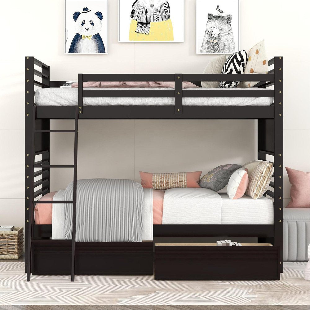 Espresso Twin Over Twin Solid Wood Bunk Bed With Storage