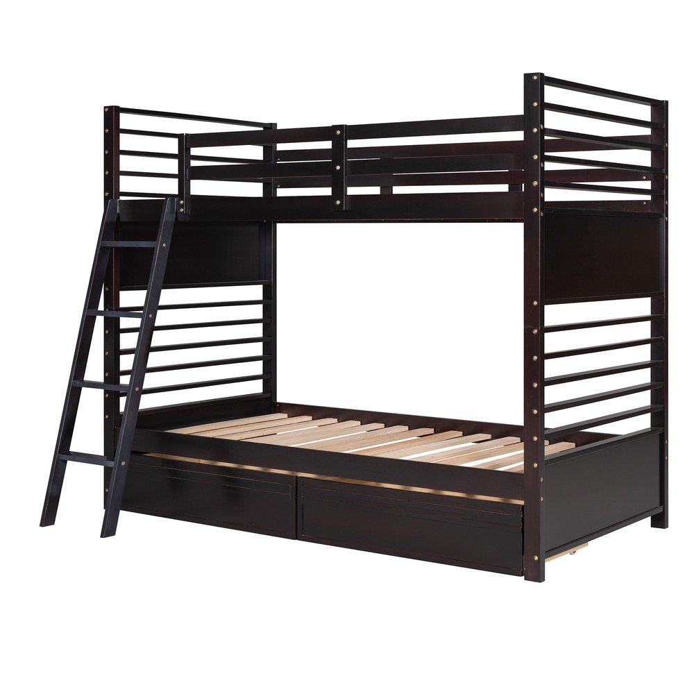 Espresso Twin Over Twin Solid Wood Bunk Bed With Storage