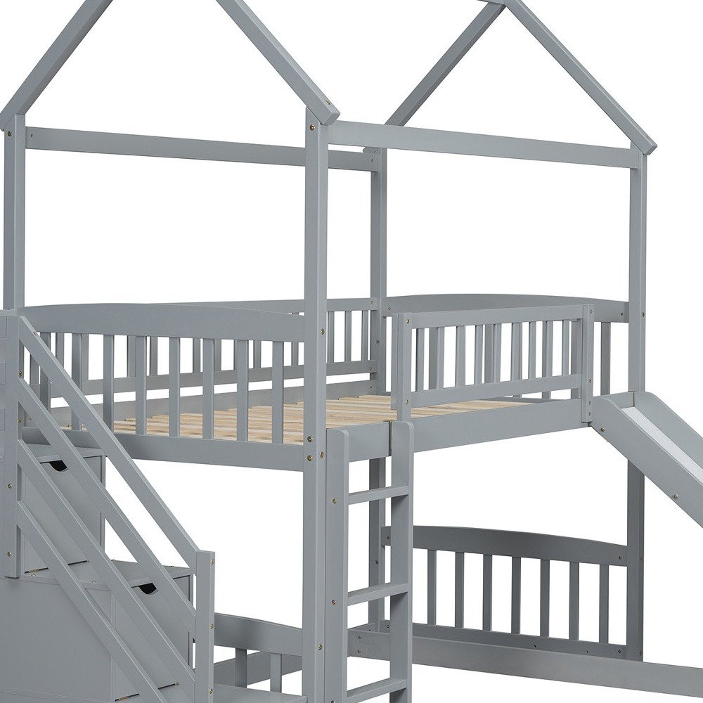 Gray Full Over Twin Solid Wood Bunk Bed With Stairs And Slide And Drawers And Storage