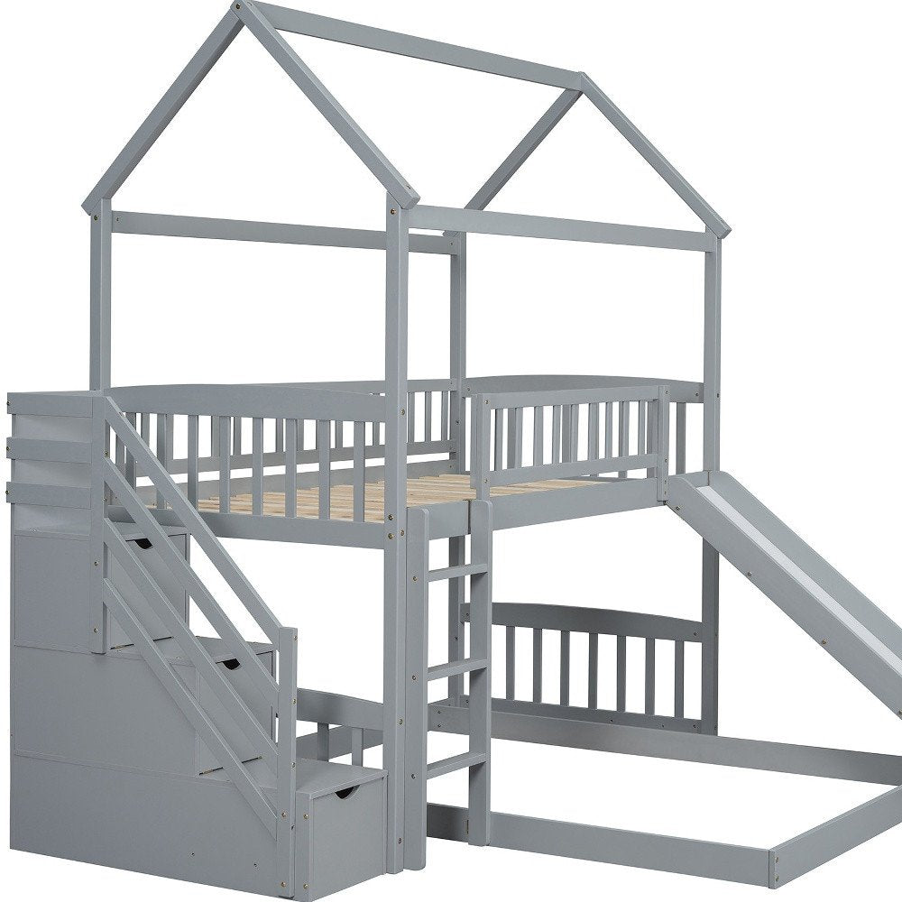 Gray Full Over Twin Solid Wood Bunk Bed With Stairs And Slide And Drawers And Storage