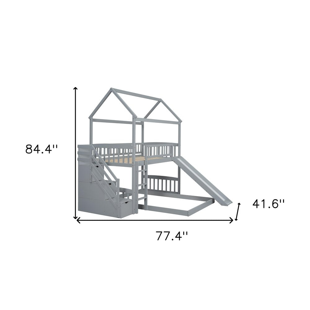 Gray Full Over Twin Solid Wood Bunk Bed With Stairs And Slide And Drawers And Storage