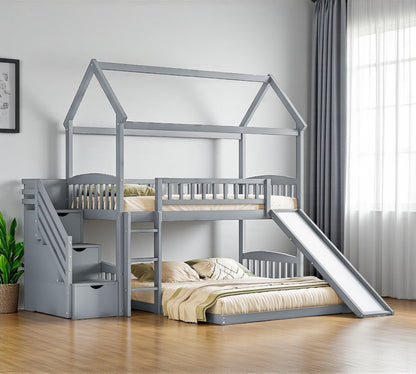 Gray Full Over Twin Solid Wood Bunk Bed With Stairs And Slide And Drawers And Storage