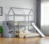 Gray Full Over Twin Solid Wood Bunk Bed With Stairs And Slide And Drawers And Storage