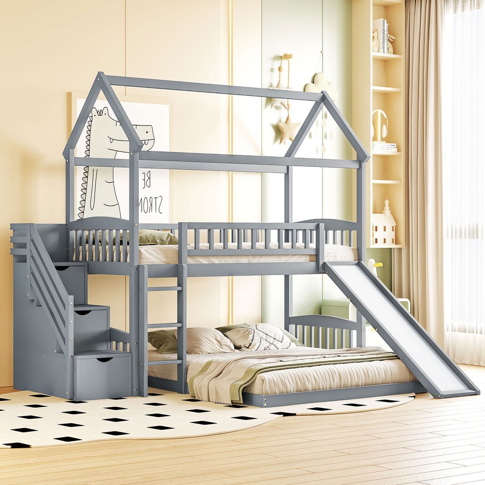 Gray Full Over Twin Solid Wood Bunk Bed With Stairs And Slide And Drawers And Storage