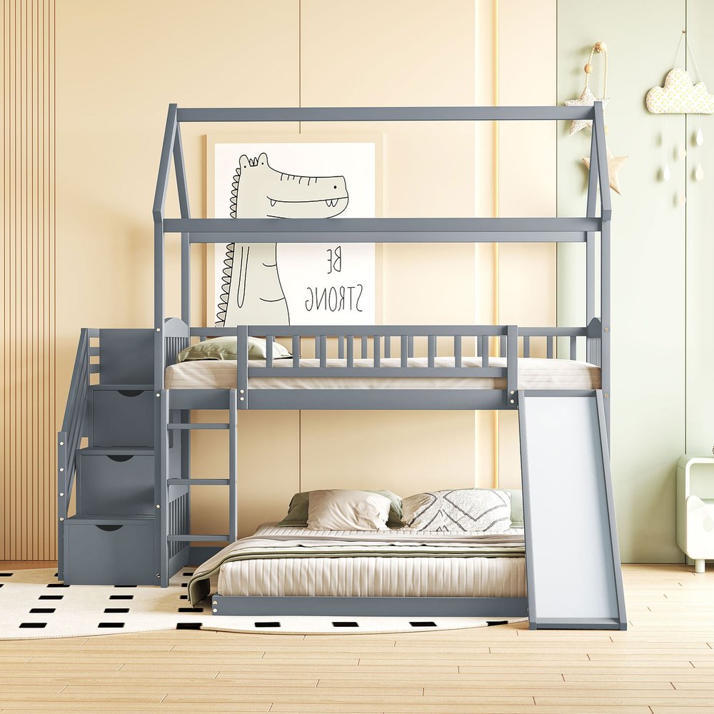 Gray Full Over Twin Solid Wood Bunk Bed With Stairs And Slide And Drawers And Storage