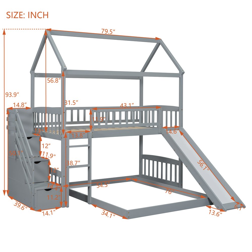 Gray Full Over Twin Solid Wood Bunk Bed With Stairs And Slide And Drawers And Storage