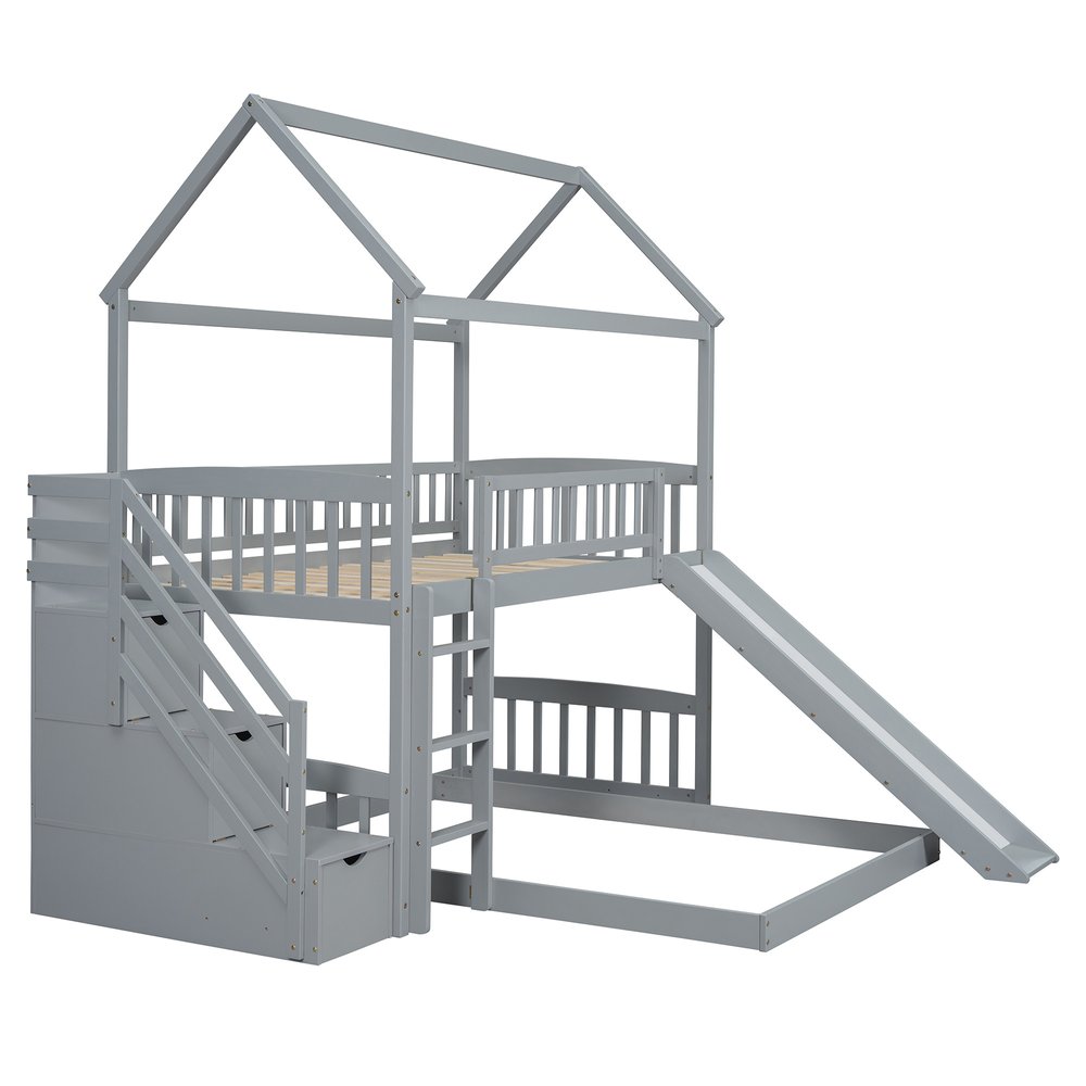 Gray Full Over Twin Solid Wood Bunk Bed With Stairs And Slide And Drawers And Storage