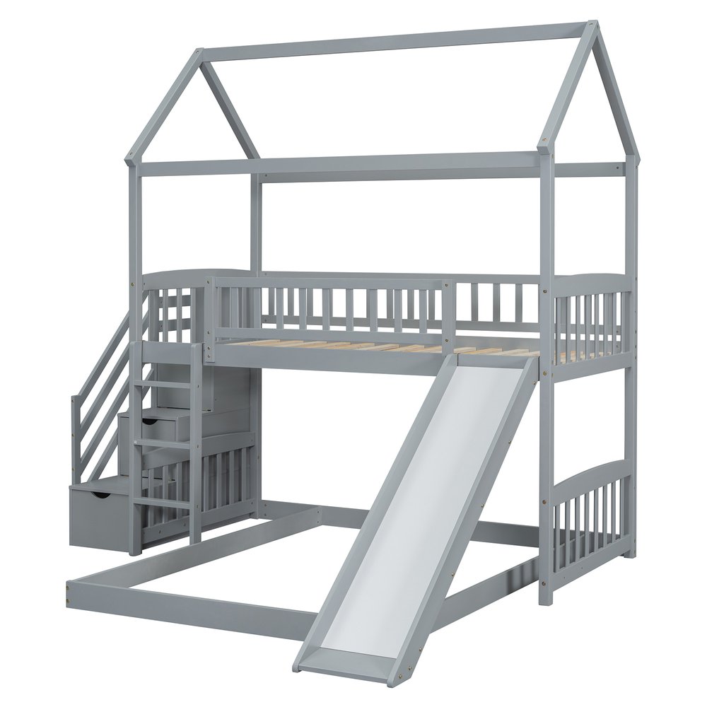 Gray Full Over Twin Solid Wood Bunk Bed With Stairs And Slide And Drawers And Storage