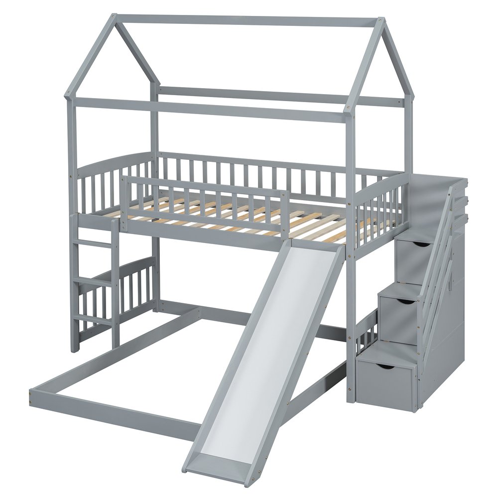 Gray Full Over Twin Solid Wood Bunk Bed With Stairs And Slide And Drawers And Storage