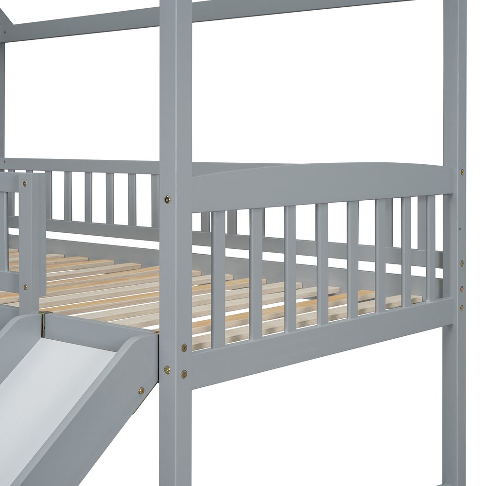 Gray Full Over Twin Solid Wood Bunk Bed With Stairs And Slide And Drawers And Storage