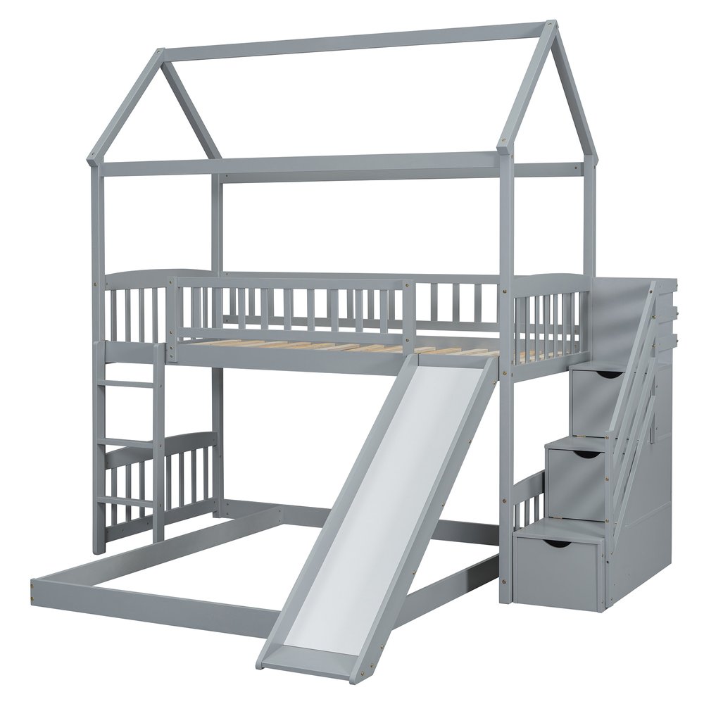 Gray Full Over Twin Solid Wood Bunk Bed With Stairs And Slide And Drawers And Storage
