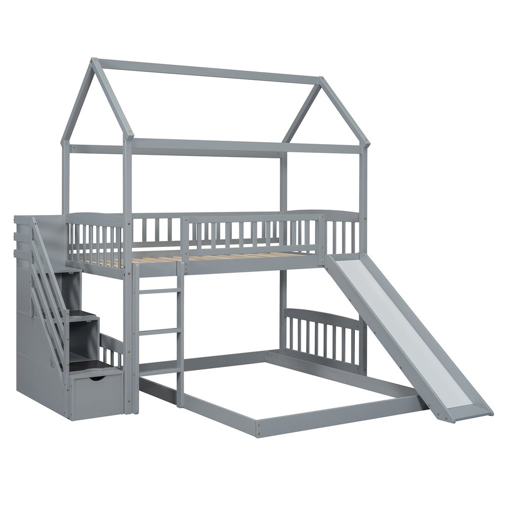 Gray Full Over Twin Solid Wood Bunk Bed With Stairs And Slide And Drawers And Storage