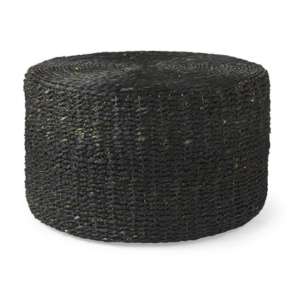 30" Black Water Hyacinth Round Pouf Ottoman