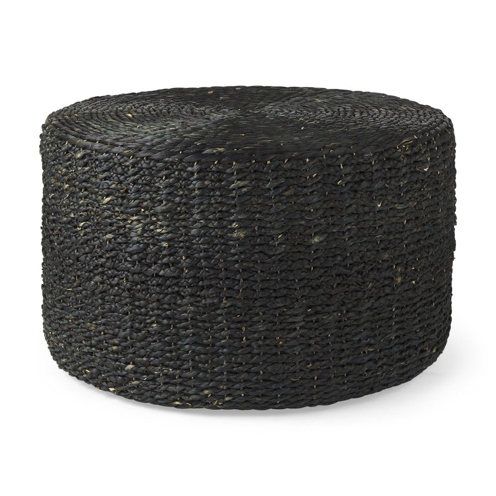 30" Black Water Hyacinth Round Pouf Ottoman