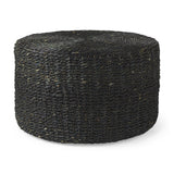 30" Black Water Hyacinth Round Pouf Ottoman