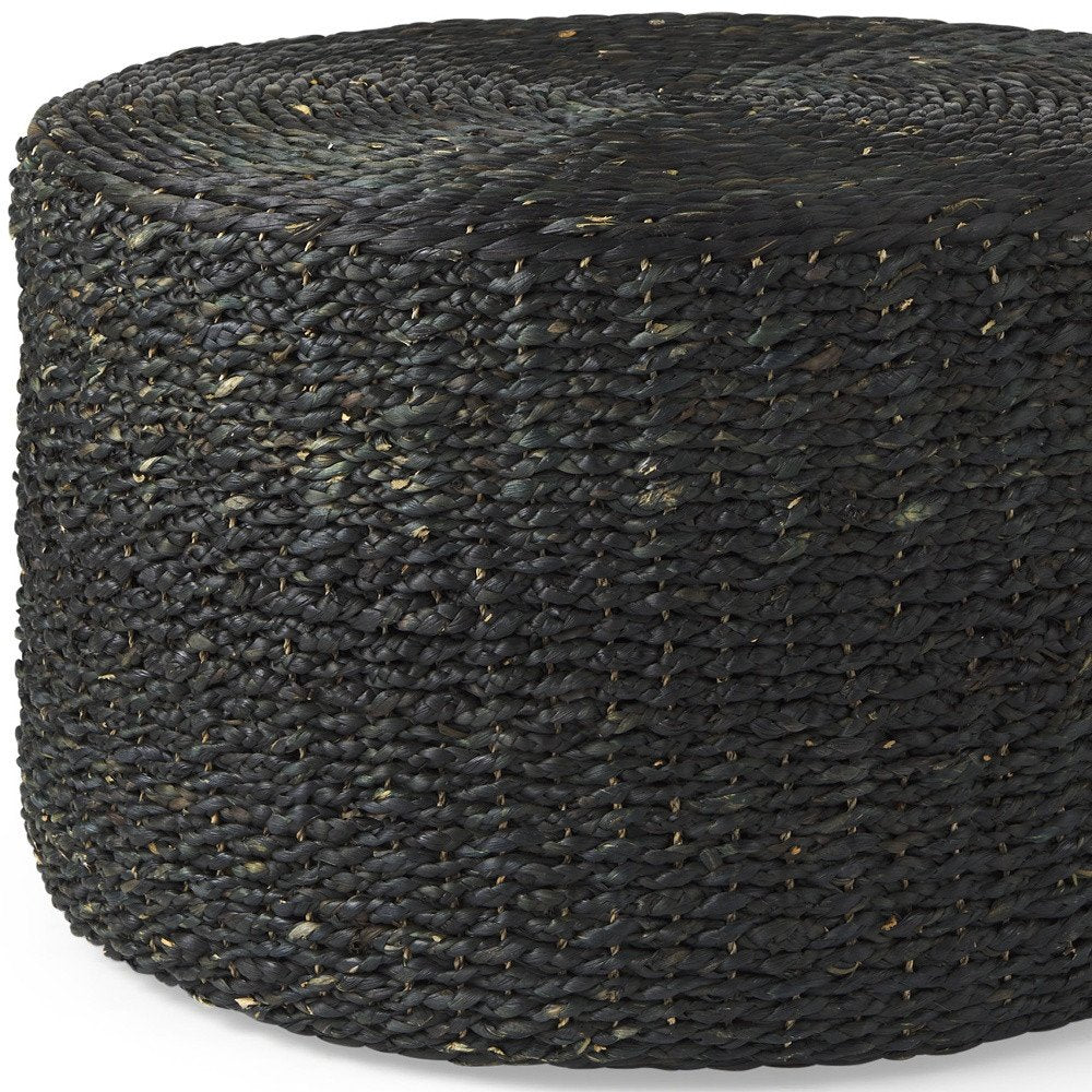 30" Black Water Hyacinth Round Pouf Ottoman