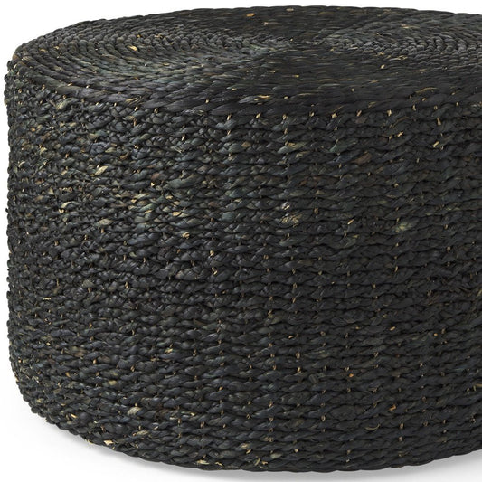 30" Black Water Hyacinth Round Pouf Ottoman
