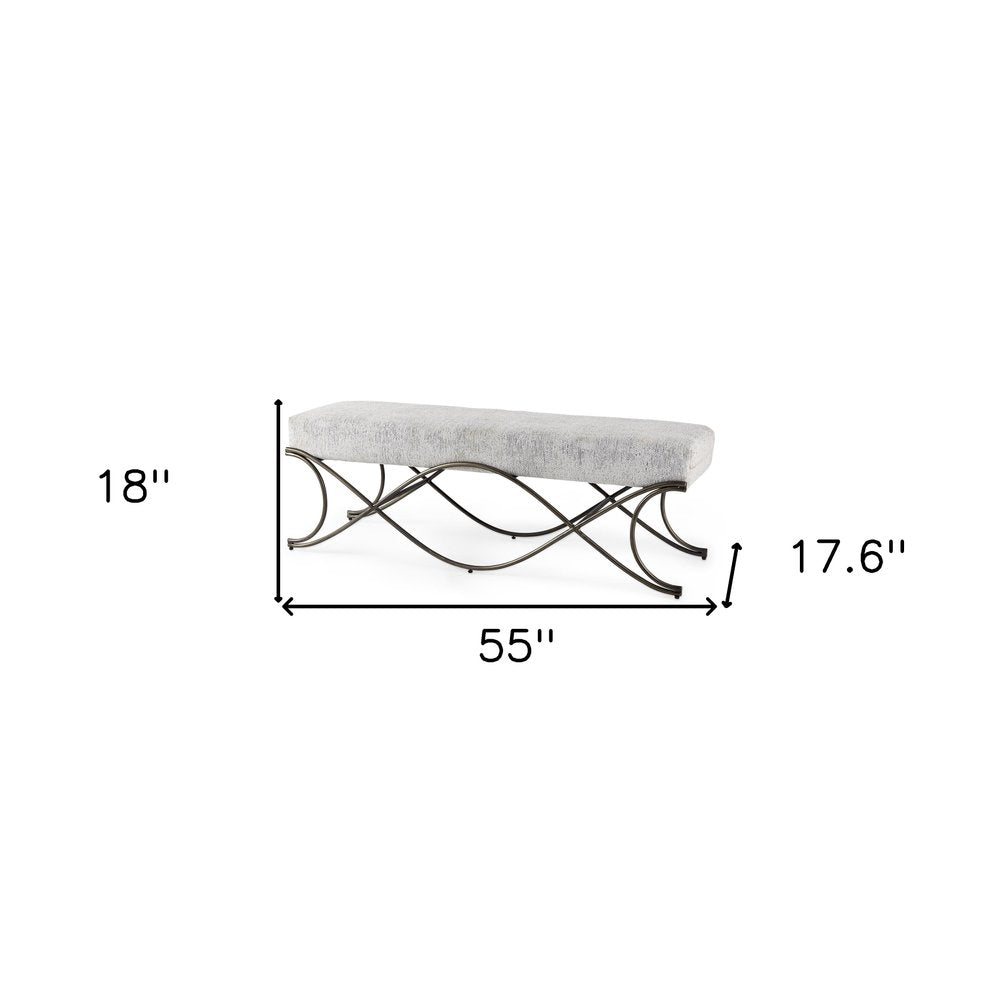 55" Dark Gray and Nickel Chenille and Metal Upholstered Bench