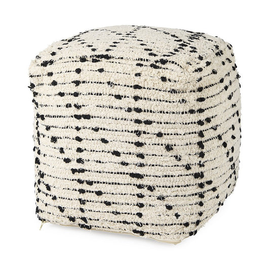 16" Cream And Black Cotton Geometric Cube Pouf Ottoman