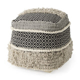 16" Black Gray and White Cotton Geometric Pouf Ottoman
