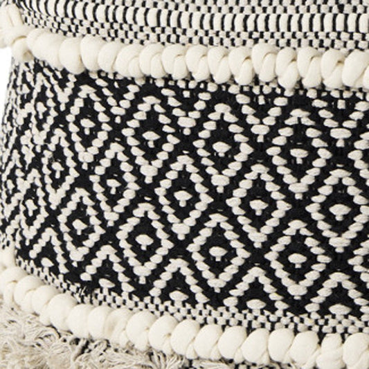 16" Black Gray and White Cotton Geometric Pouf Ottoman