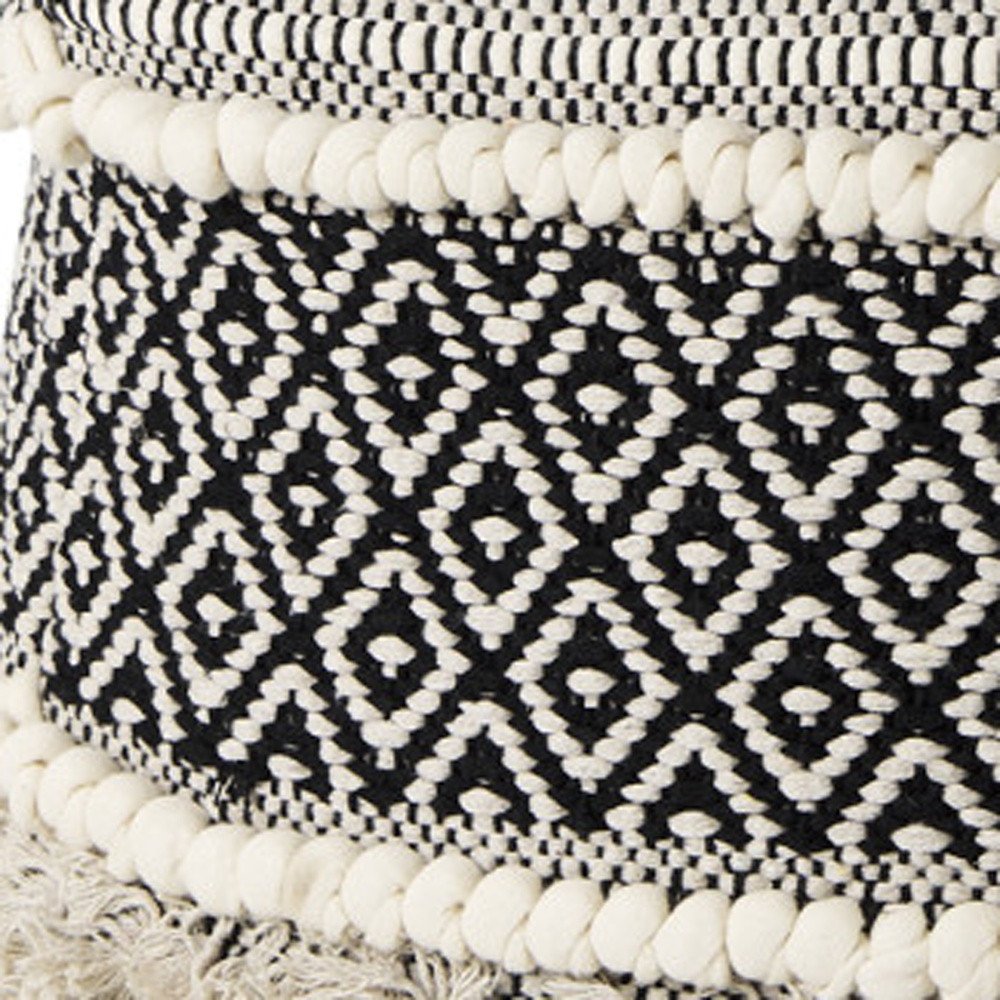 16" Black Gray and White Cotton Geometric Pouf Ottoman