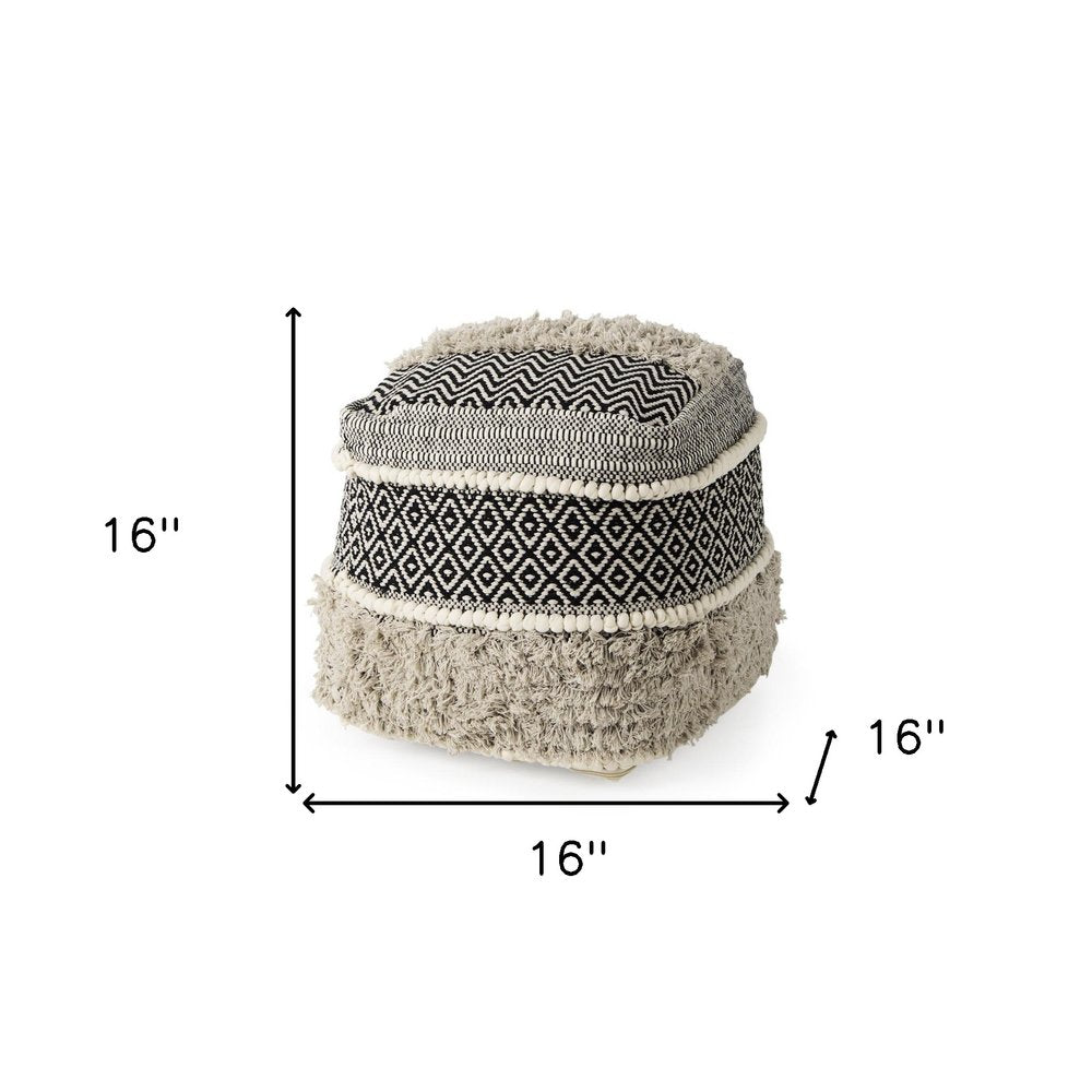 16" Black Gray and White Cotton Geometric Pouf Ottoman