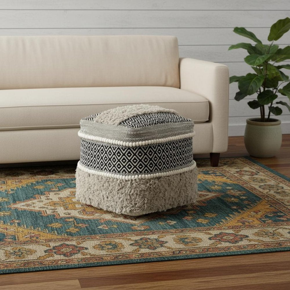 16" Black Gray and White Cotton Geometric Pouf Ottoman