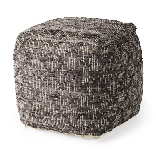 16" Brown and Gray Cotton And Leather Geometric Cube Pouf Ottoman