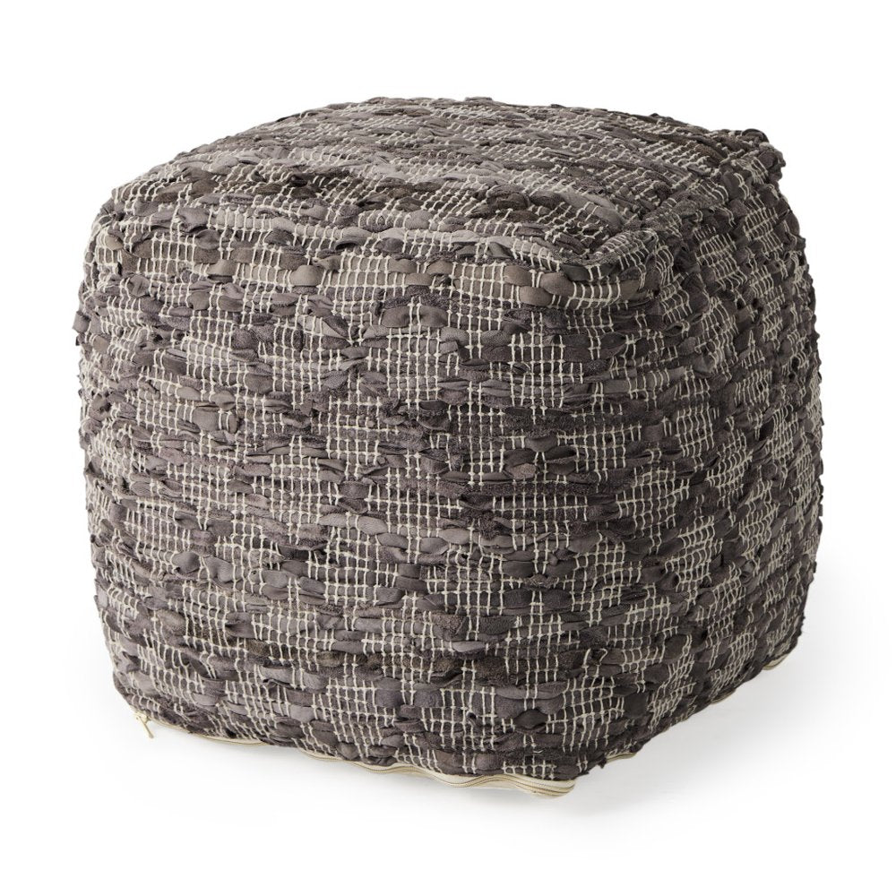 16" Brown and Gray Cotton And Leather Geometric Cube Pouf Ottoman