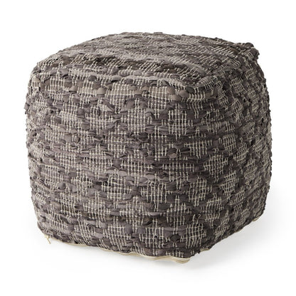 16" Brown and Gray Cotton And Leather Geometric Cube Pouf Ottoman