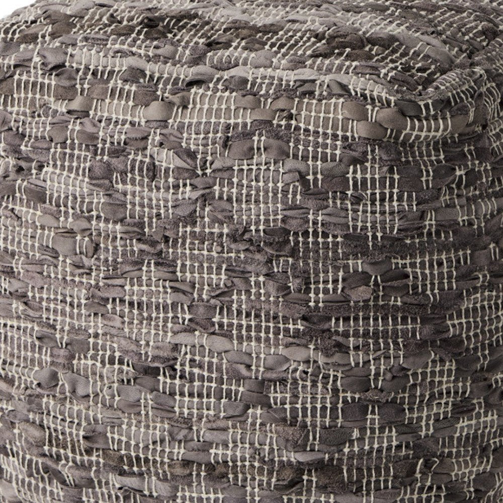 16" Brown and Gray Cotton And Leather Geometric Cube Pouf Ottoman