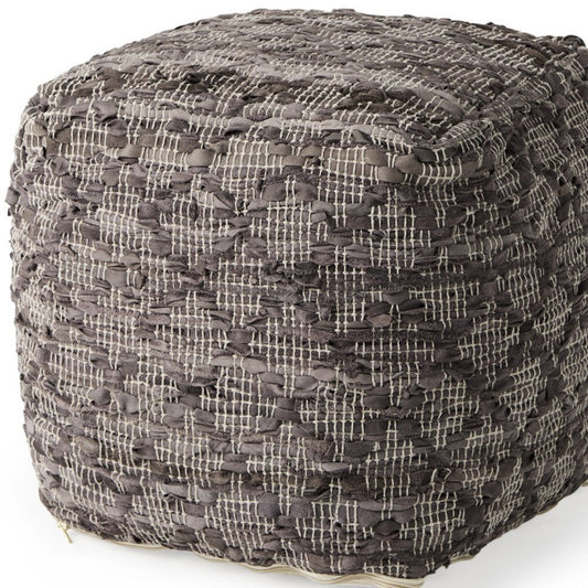 16" Brown and Gray Cotton And Leather Geometric Cube Pouf Ottoman