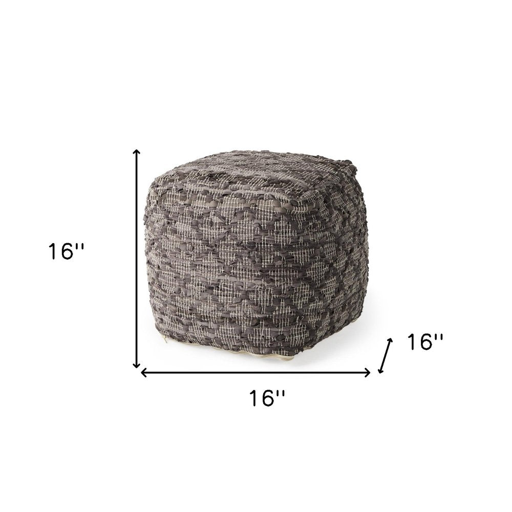 16" Brown and Gray Cotton And Leather Geometric Cube Pouf Ottoman