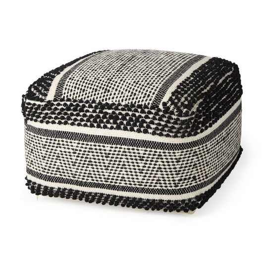 22" Black and White Cotton And Wool Geometric Pouf Ottoman