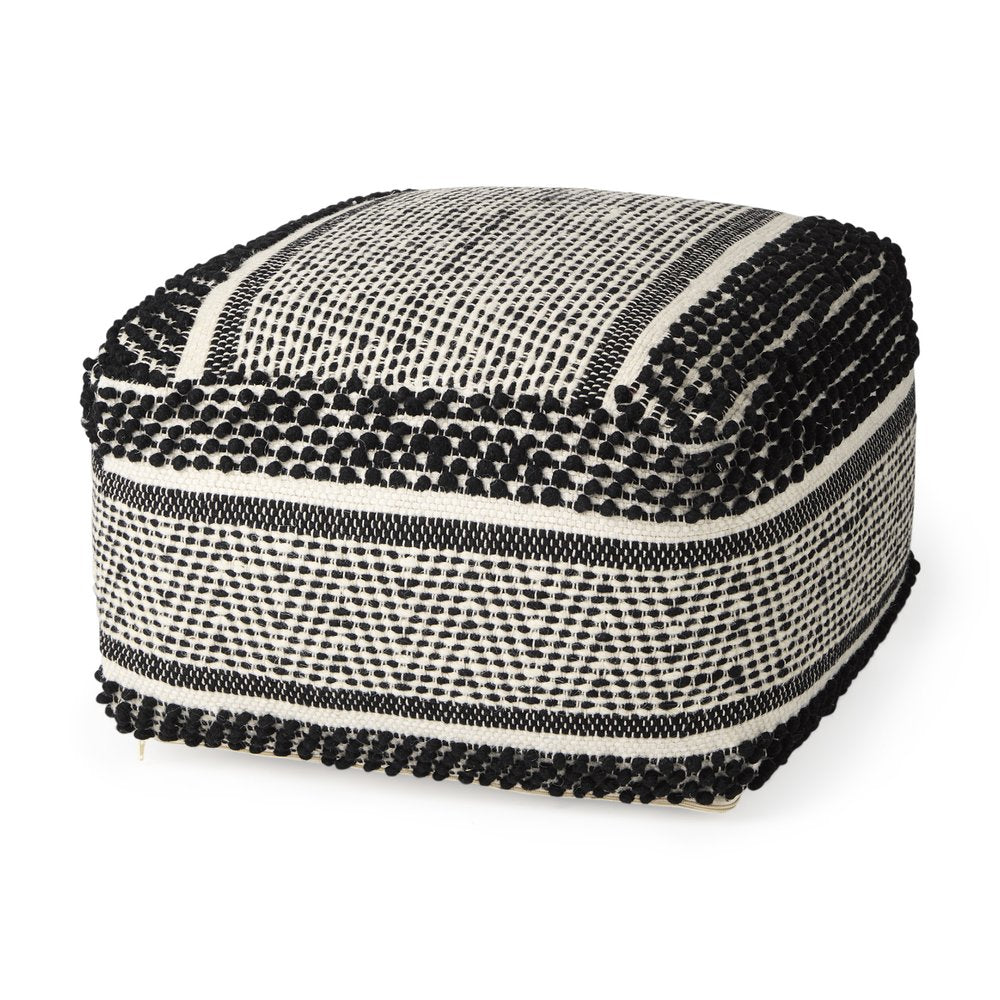 22" Black and White Cotton And Wool Geometric Pouf Ottoman