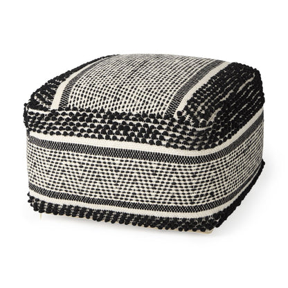 22" Black and White Cotton And Wool Geometric Pouf Ottoman
