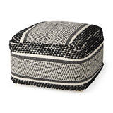22" Black and White Cotton And Wool Geometric Pouf Ottoman