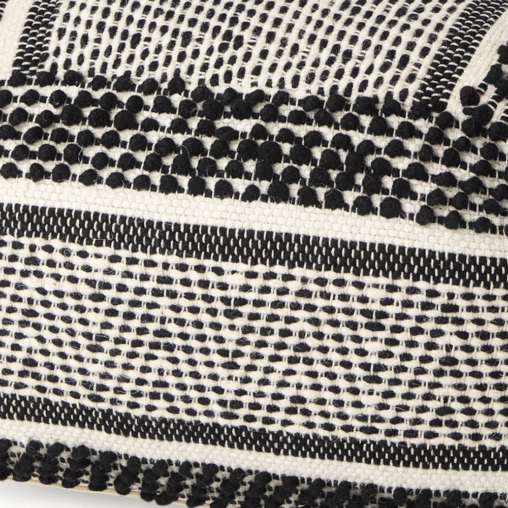 22" Black and White Cotton And Wool Geometric Pouf Ottoman